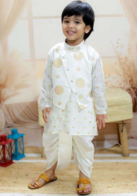 White Woven Design Silk Kurta Set For Boys