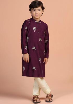 Purple Embroidered Viscose Kurta Set For Boys