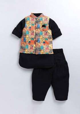 Black Solid Polyester Kurta Set For Boys