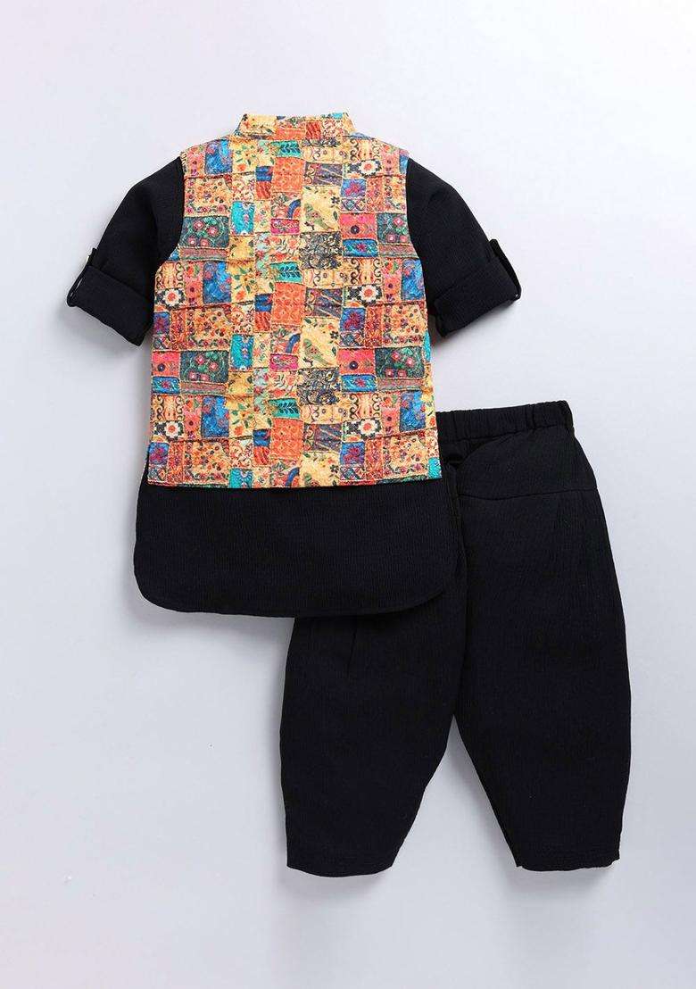 Black Solid Polyester Kurta Set For Boys - Indya
