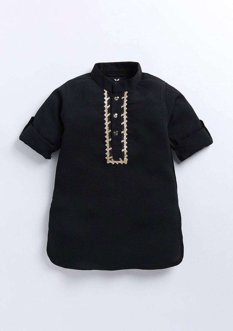Black Solid Polyester Kurta Set For Boys - Indya