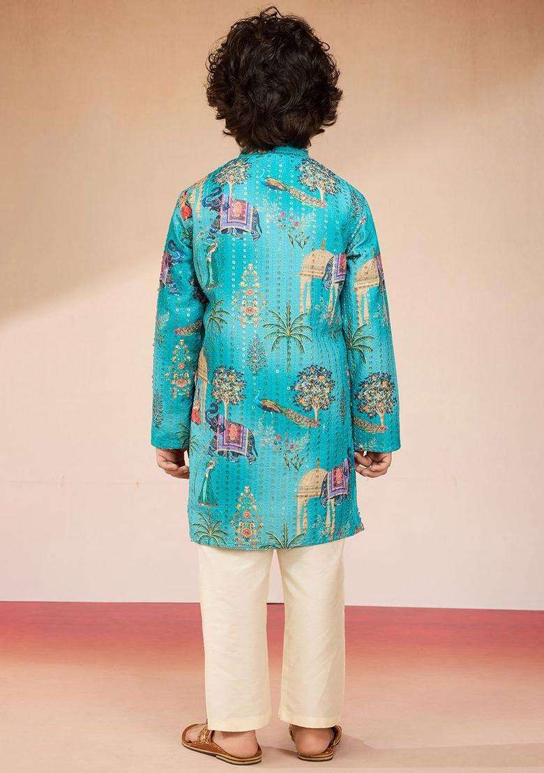 Blue Embroidered Polyester Kurta Set For Boys - Indya