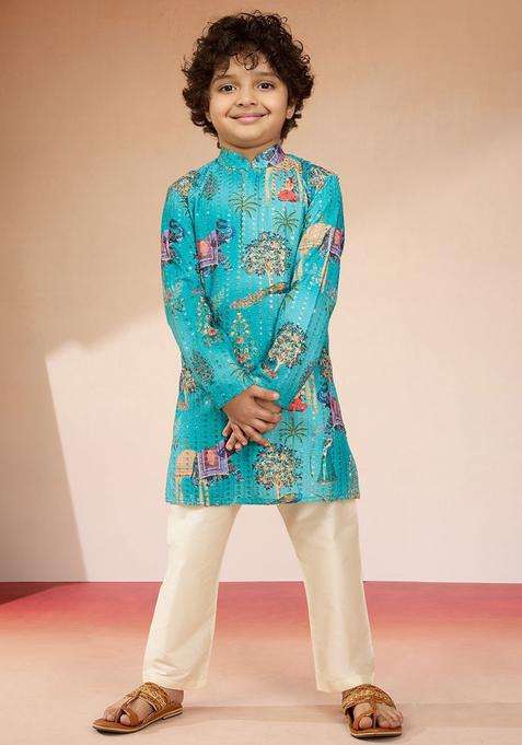 Blue Embroidered Polyester Kurta Set For Boys