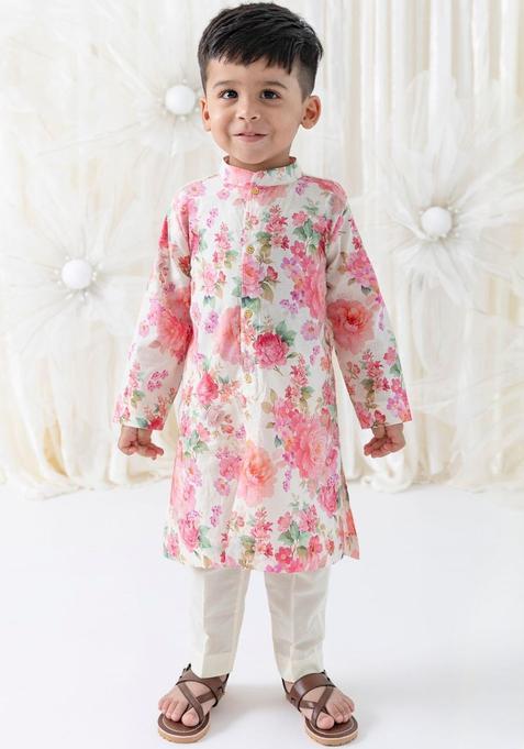 White Printed Cotton Kurta Set For Boys — view on Indya
