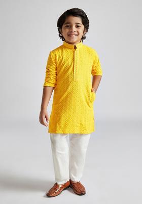 Yellow Embroidered Viscose Kurta Set For Boys