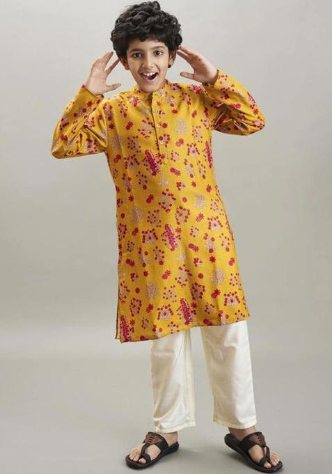 Yellow Printed Cotton Kurta Set For Boys — view on Indya