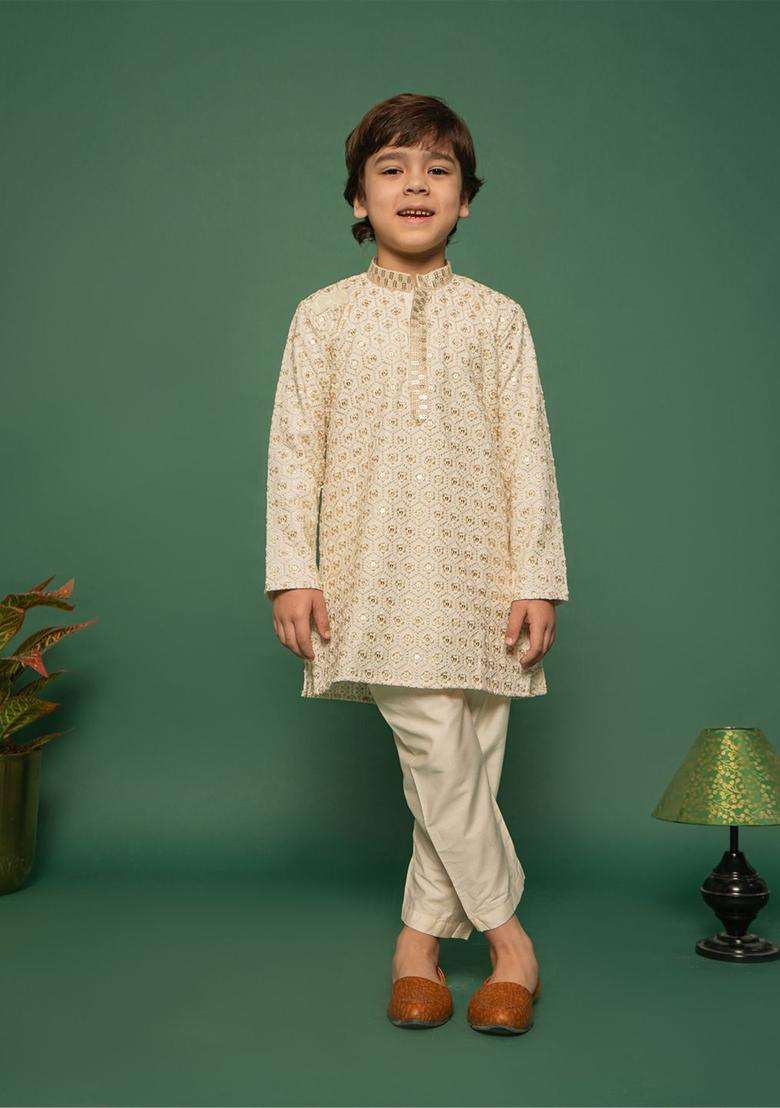 Off White Embroidered Viscose Kurta Set For Boys - Indya