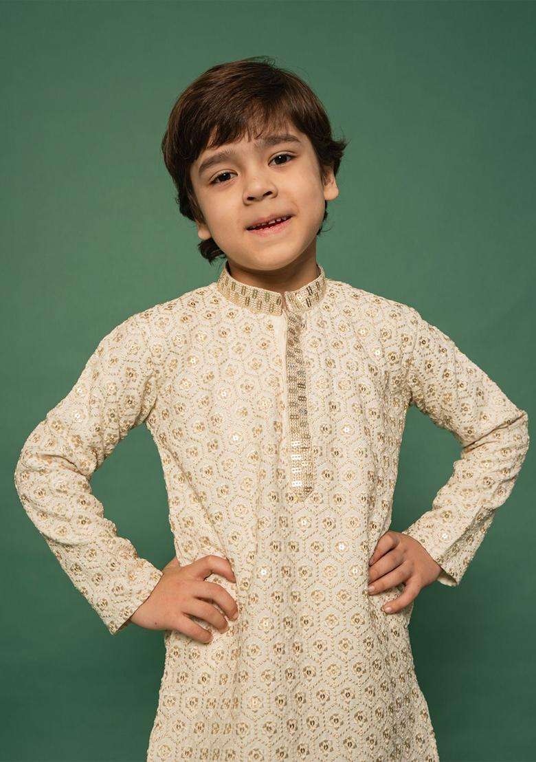 Off White Embroidered Viscose Kurta Set For Boys - Indya