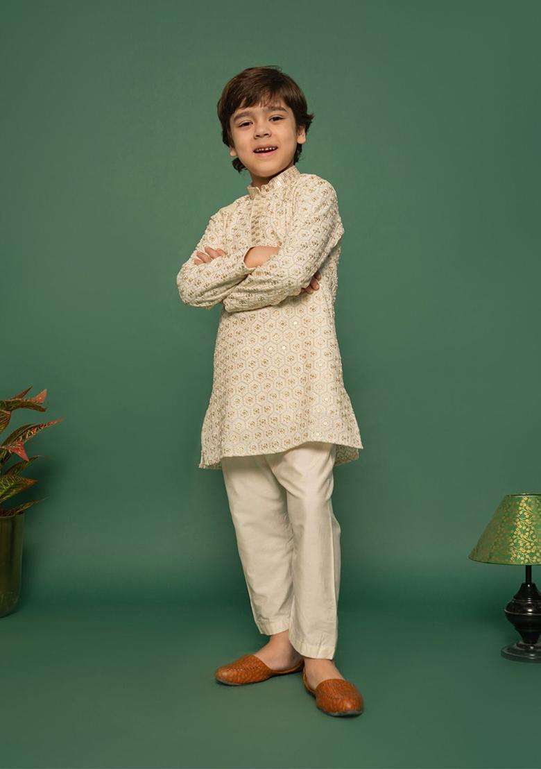 Off White Embroidered Viscose Kurta Set For Boys - Indya