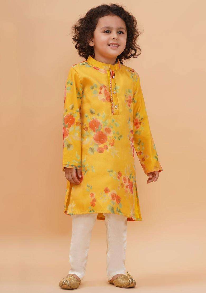 Yellow Printed Organza Kurta Set For Boys - Indya