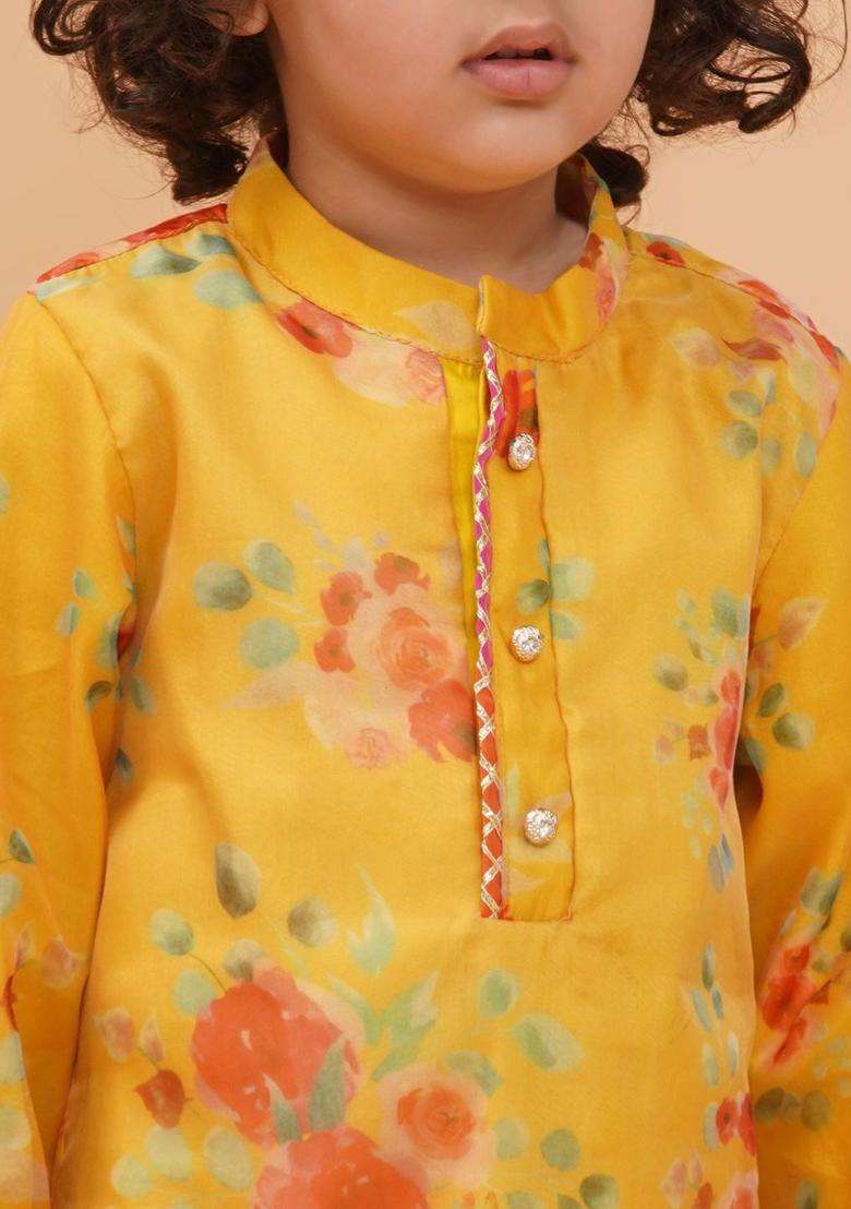 Yellow Printed Organza Kurta Set For Boys - Indya