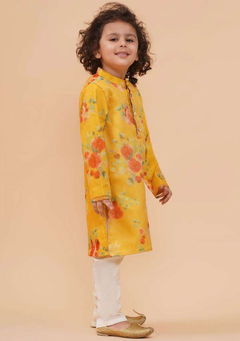 Yellow Printed Organza Kurta Set For Boys - Indya