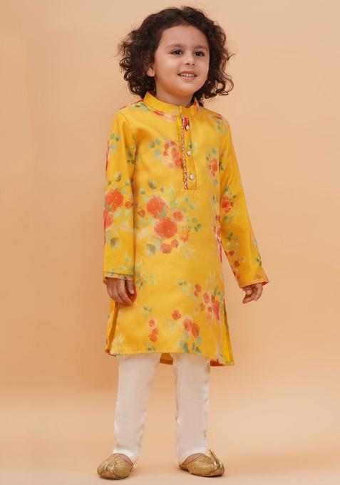 Yellow Printed Organza Kurta Set For Boys — view on Indya