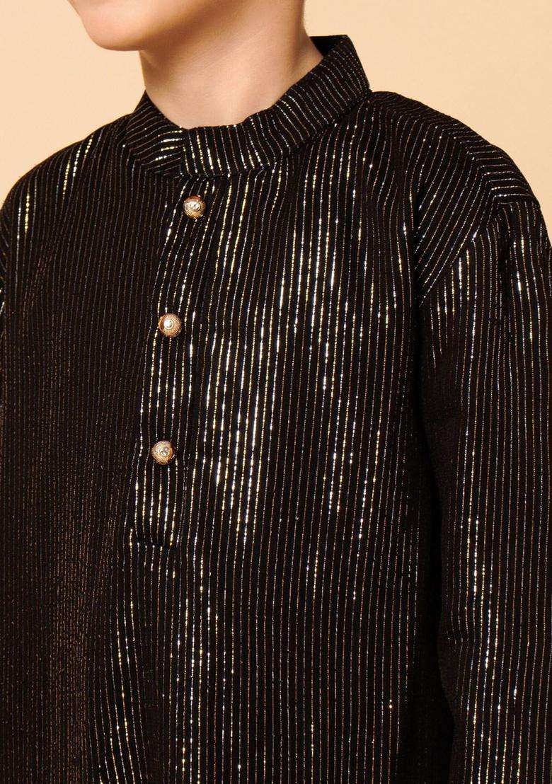 Black Striped Georgette Kurta Set For Boys - Indya