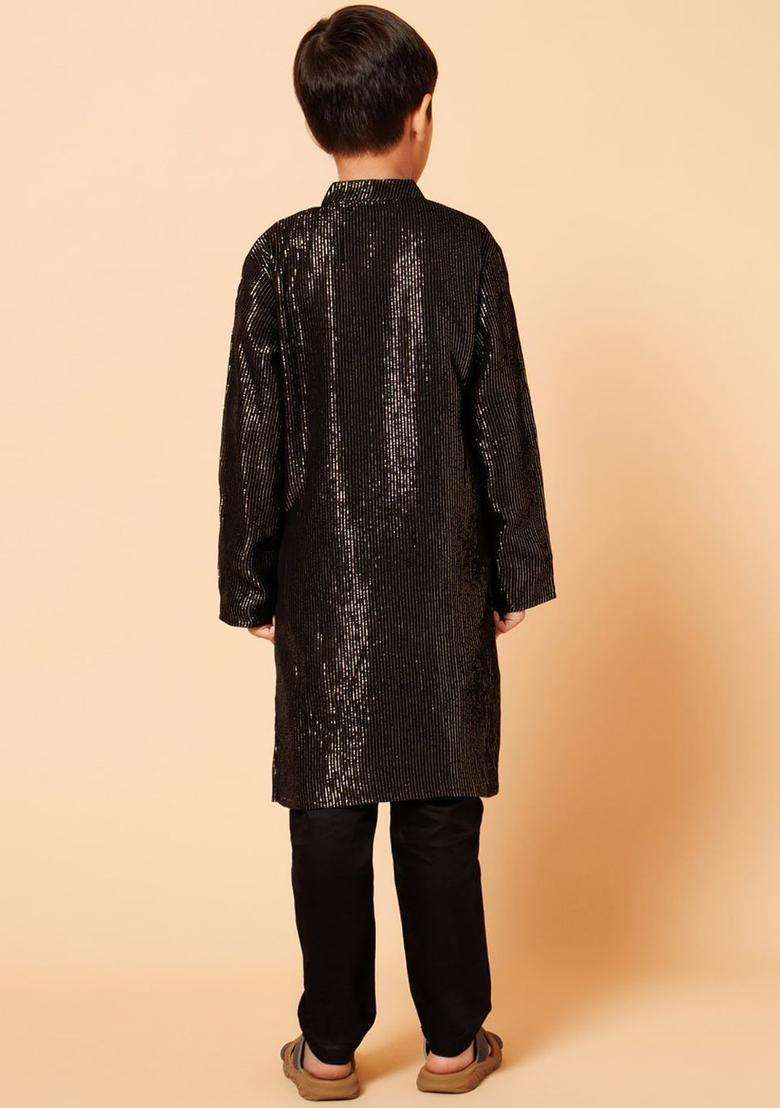 Black Striped Georgette Kurta Set For Boys - Indya