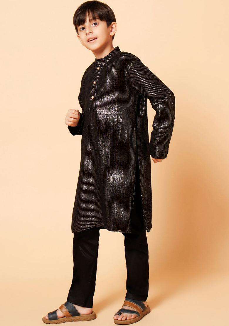 Black Striped Georgette Kurta Set For Boys - Indya