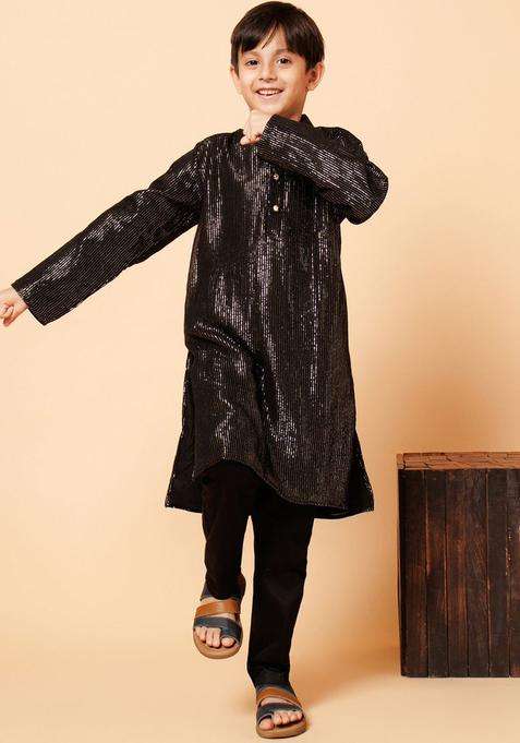 Black Striped Georgette Kurta Set For Boys