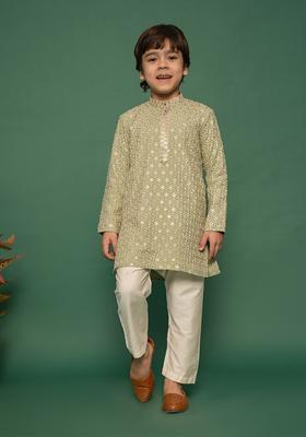 Green Embroidered Viscose Kurta Set For Boys