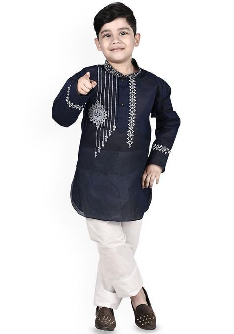 Navy Blue Embroidered Cotton Kurta Set For Boys — view on Indya