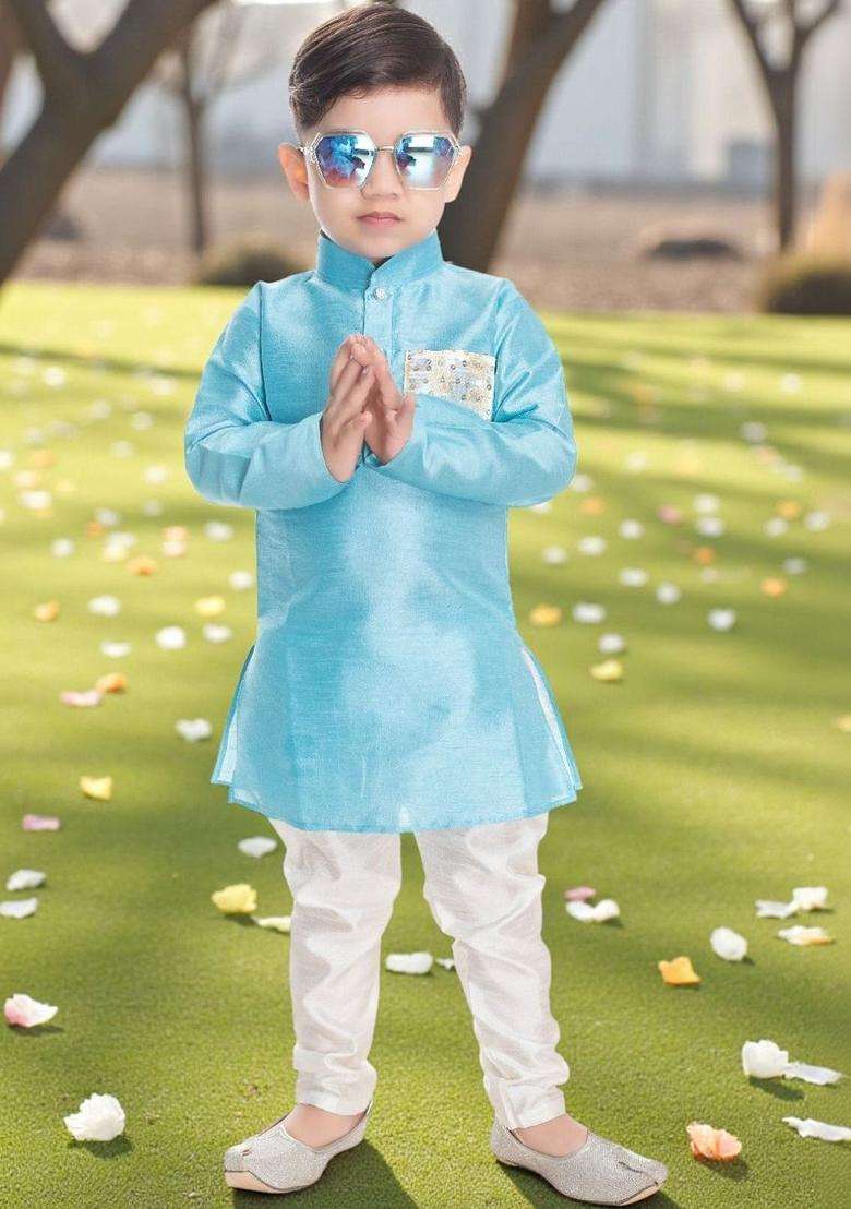 Turquoise Blue Solid Cotton Kurta Set For Boys - Indya