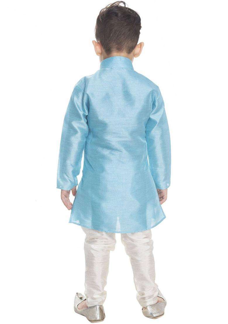 Turquoise Blue Solid Cotton Kurta Set For Boys - Indya
