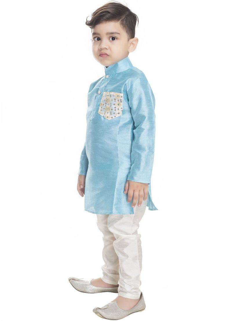 Turquoise Blue Solid Cotton Kurta Set For Boys - Indya