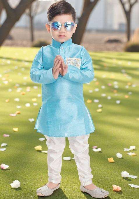 Turquoise Blue Solid Cotton Kurta Set For Boys