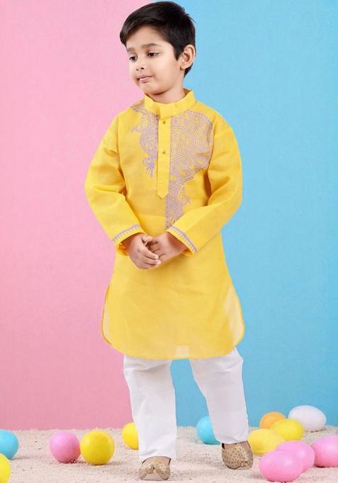 Yellow Printed Cotton Kurta Set For Boys — view on Indya