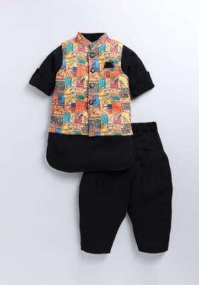 Black Solid Polyester Kurta Set For Boys
