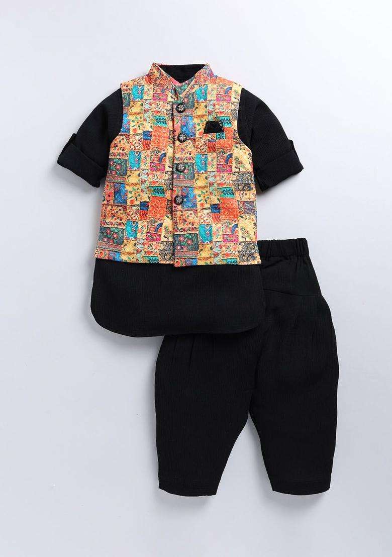 Black Solid Polyester Kurta Set For Boys - Indya