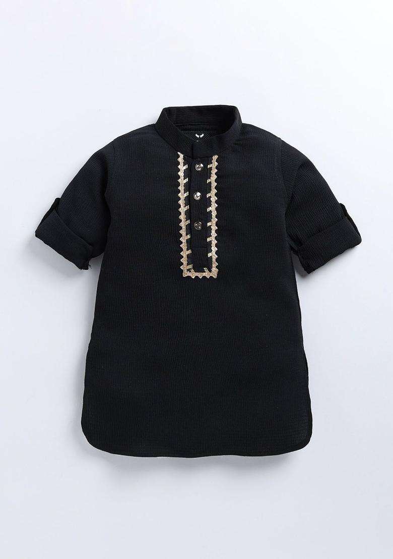 Black Solid Polyester Kurta Set For Boys - Indya
