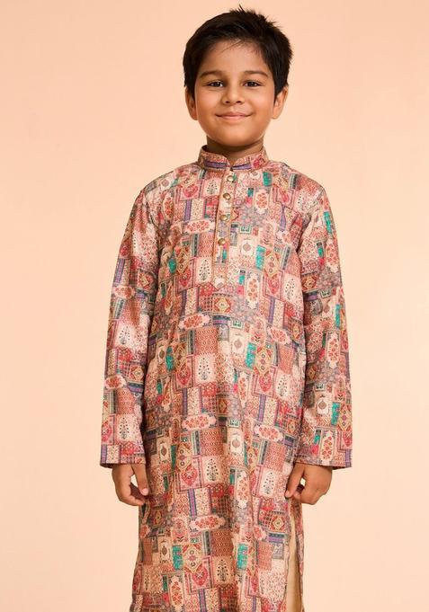 Beige Printed Viscose Kurta Set For Boys — view on Indya