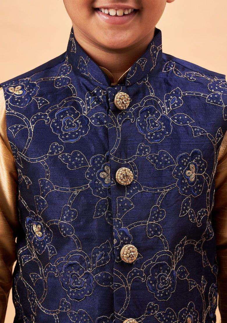 Rose Gold Solid Silk Kurta Set For Boys - Indya