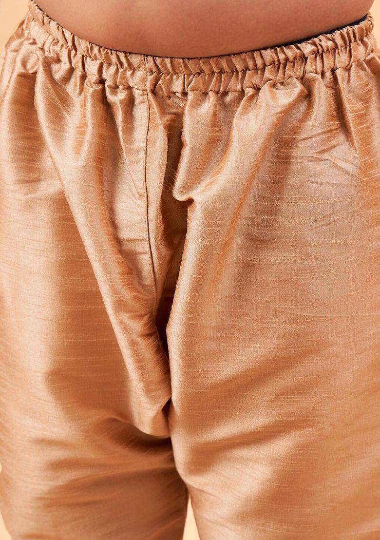 Rose Gold Solid Silk Kurta Set For Boys - Indya