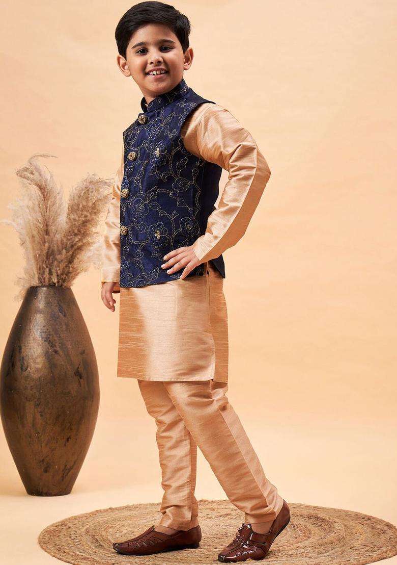 Rose Gold Solid Silk Kurta Set For Boys - Indya