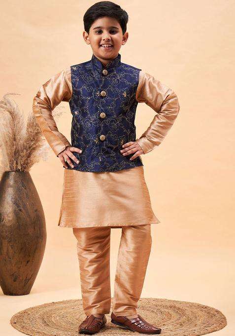 Rose Gold Solid Silk Kurta Set For Boys