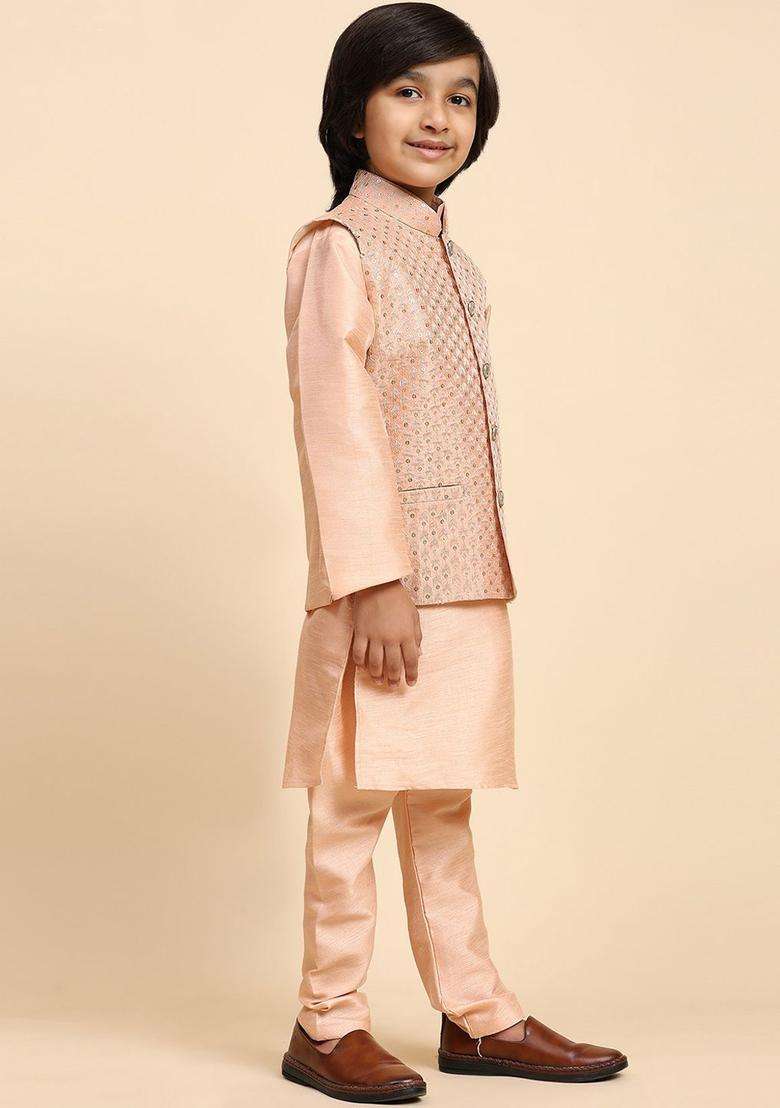 Peach Solid Silk Kurta Set For Boys - Indya