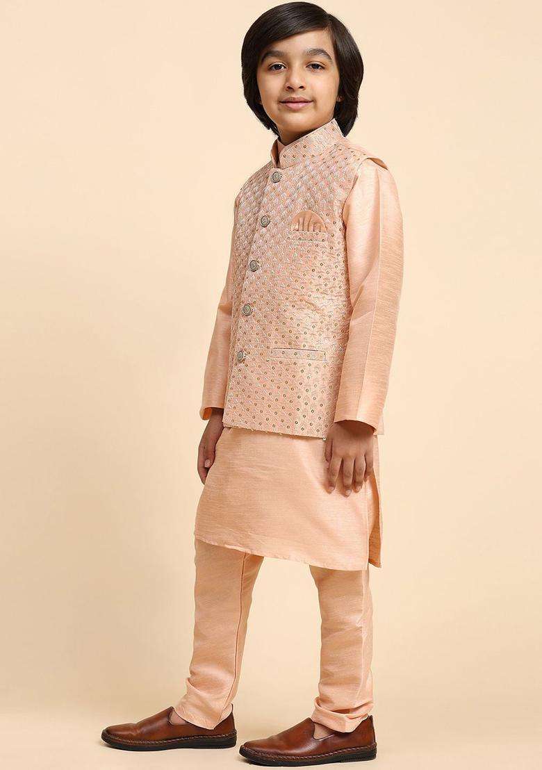 Peach Solid Silk Kurta Set For Boys - Indya