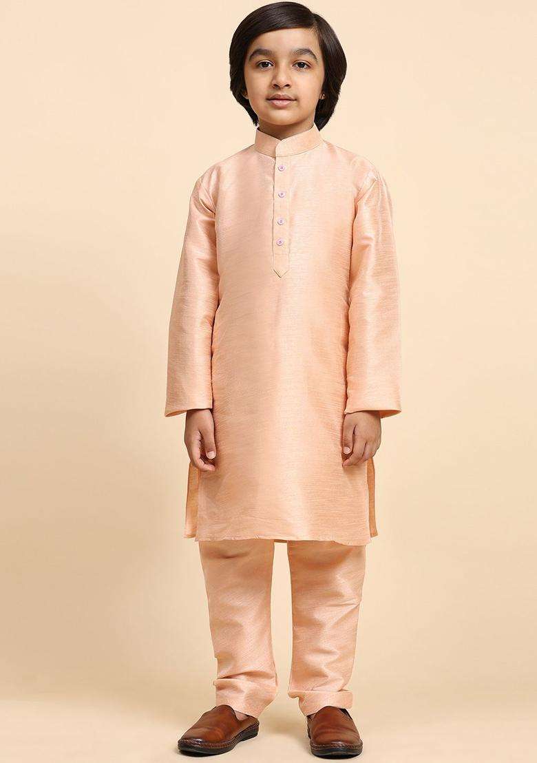 Peach Solid Silk Kurta Set For Boys - Indya