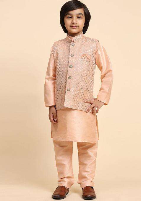 Peach Solid Silk Kurta Set For Boys