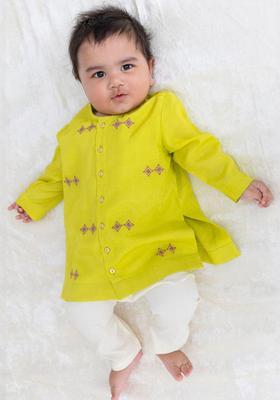 Lime Green Embroidered Viscose Kurta Set For Boys