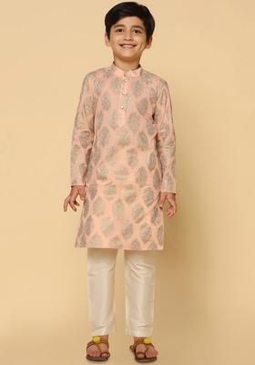 Peach Printed Cotton Kurta Set For Boys