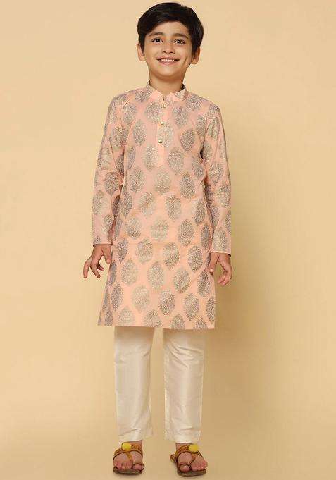 Peach Printed Cotton Kurta Set For Boys