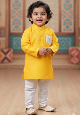 Yellow Solid Silk Kurta Set For Boys