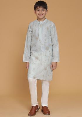 Blue Embroidered Polyester Kurta Set For Boys