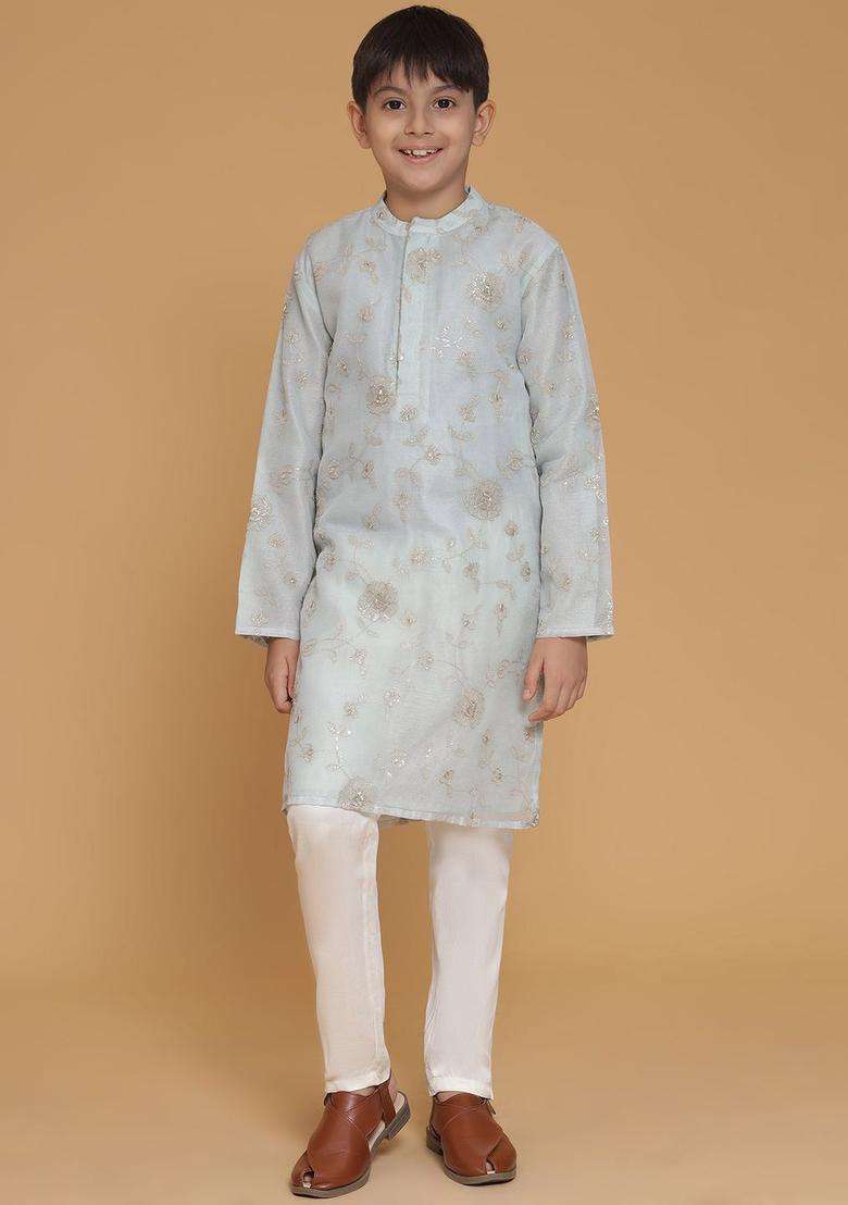 Blue Embroidered Polyester Kurta Set For Boys - Indya