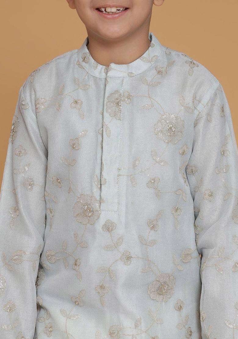 Blue Embroidered Polyester Kurta Set For Boys - Indya