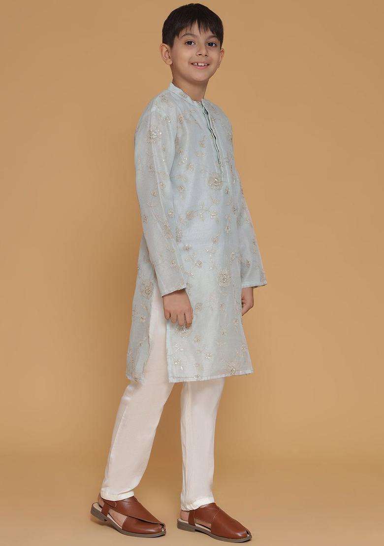 Blue Embroidered Polyester Kurta Set For Boys - Indya