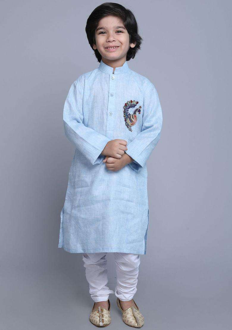 Blue Embroidered Linen Kurta Set For Boys - Indya