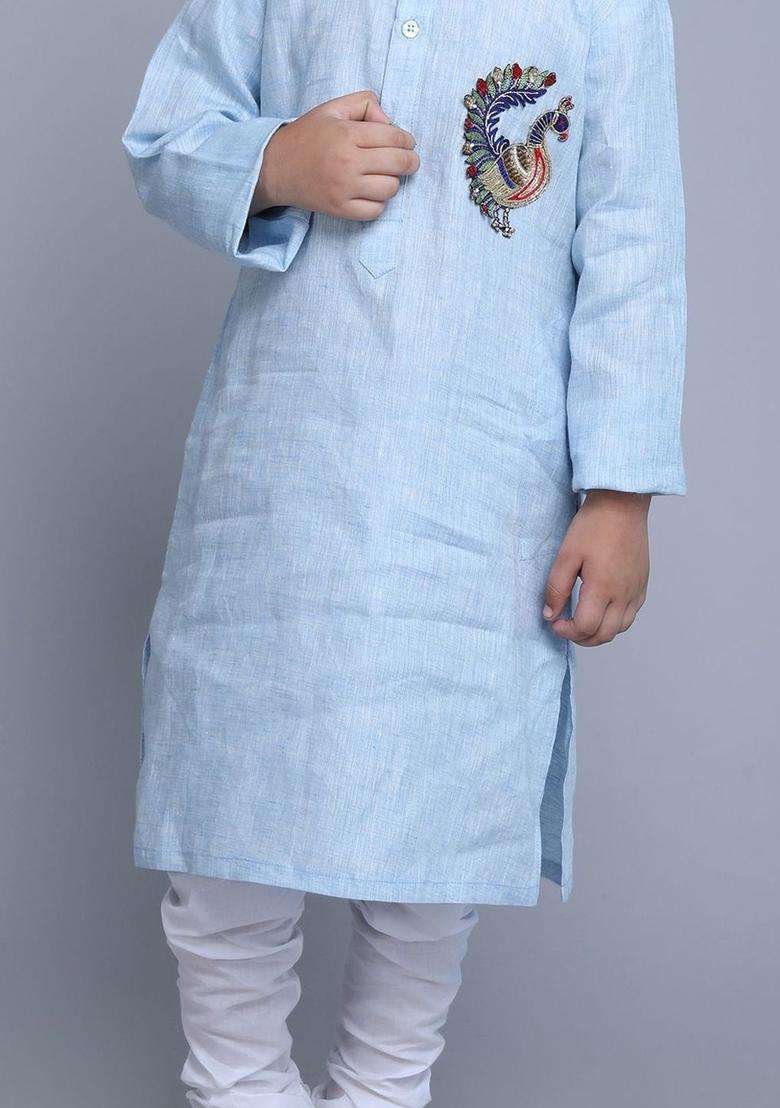 Blue Embroidered Linen Kurta Set For Boys - Indya